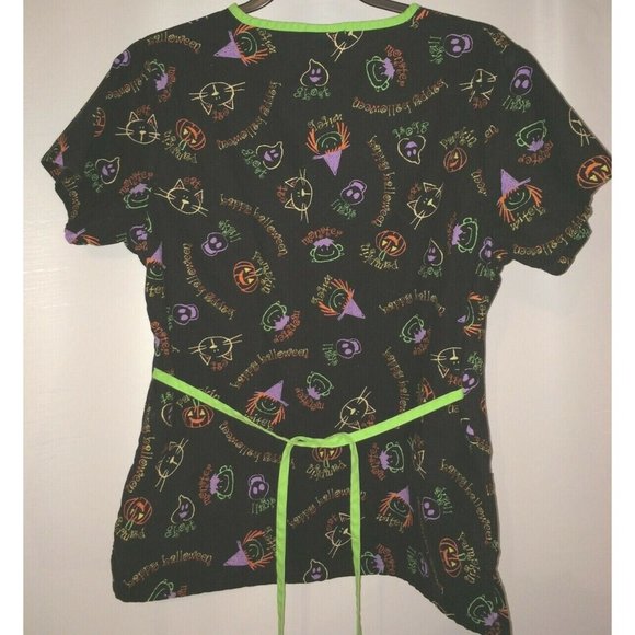 Halloween Scrub Witch Cat Pumpkin Monster Hat Black Life Brand Medical Top - Picture 6 of 8
